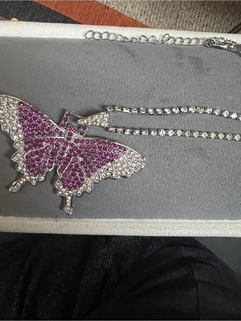 Silver Tone Pink & Clear Rhinestone Iced Out Butterfly Pendant Tennis Necklace